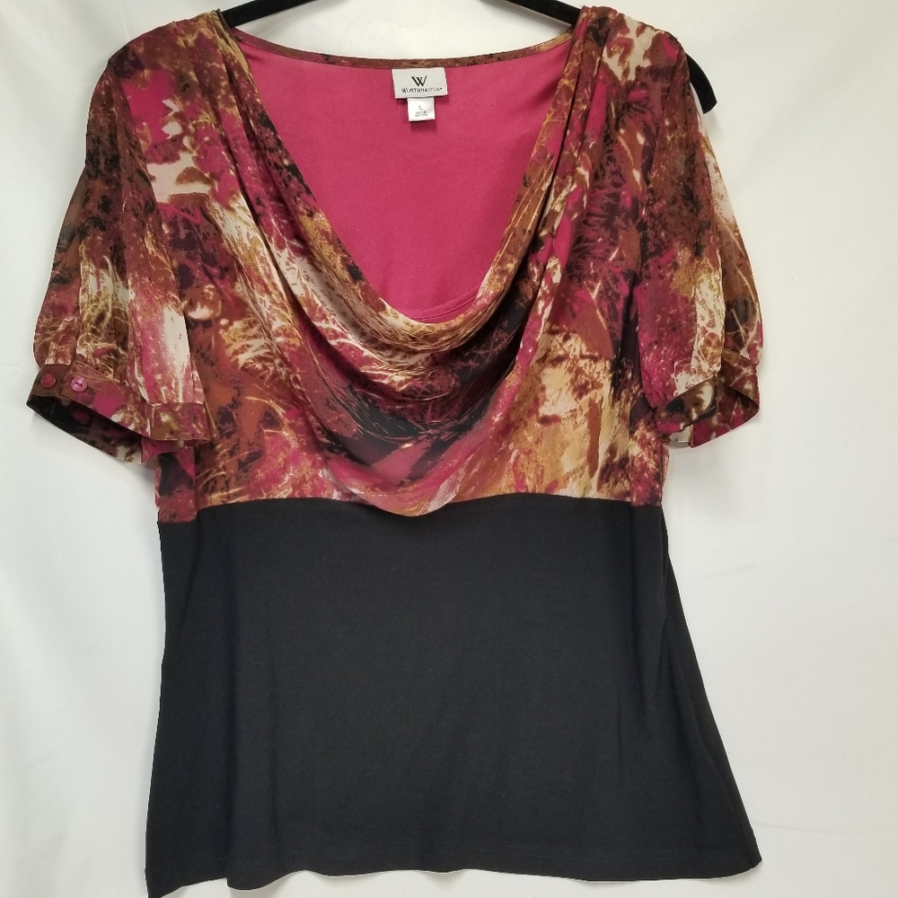 Worthington Womans Shirt Blouse Sz L Scoop Cowl Neck Cold Shoulder Short Sleeve